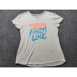 Nike Running Women Medium Dri-FIT V-Neck T-Shirt White Follow Me to Finish Line